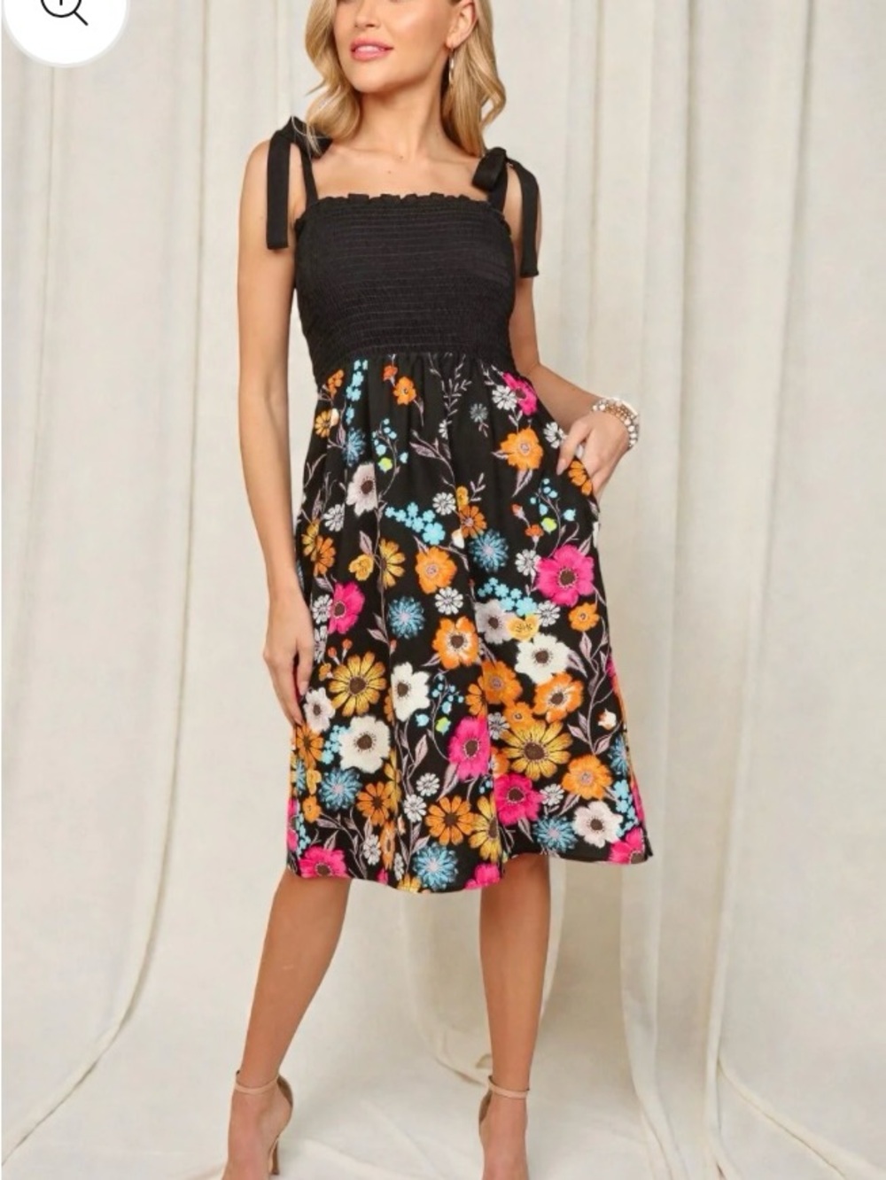🆕#280 Haptics~Black Floral Smocked Midi Dress with Tie Straps, Size Med